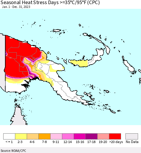 Papua New Guinea Seasonal Heat Stress Days >=35°C/95°F (CPC) Thematic Map For 1/1/2023 - 12/31/2023