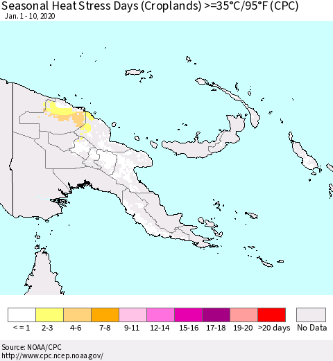Papua New Guinea Seasonal Heat Stress Days (Croplands) >=35°C/95°F (CPC) Thematic Map For 1/1/2020 - 1/10/2020