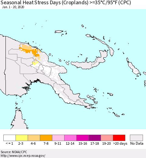 Papua New Guinea Seasonal Heat Stress Days (Croplands) >=35°C/95°F (CPC) Thematic Map For 1/1/2020 - 1/20/2020