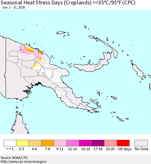 Papua New Guinea Seasonal Heat Stress Days (Croplands) >=35°C/95°F (CPC) Thematic Map For 1/1/2020 - 1/31/2020