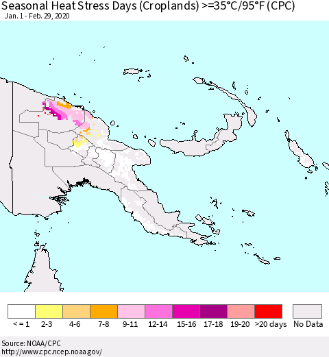 Papua New Guinea Seasonal Heat Stress Days (Croplands) >=35°C/95°F (CPC) Thematic Map For 1/1/2020 - 2/29/2020