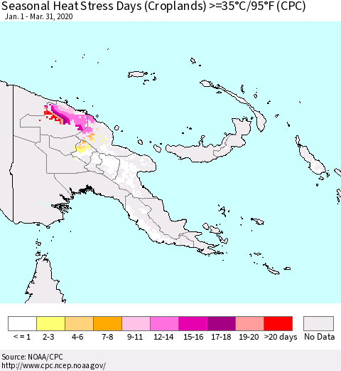 Papua New Guinea Seasonal Heat Stress Days (Croplands) >=35°C/95°F (CPC) Thematic Map For 1/1/2020 - 3/31/2020