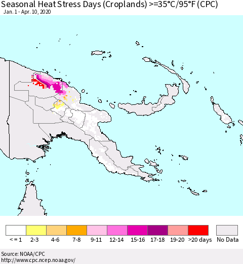 Papua New Guinea Seasonal Heat Stress Days (Croplands) >=35°C/95°F (CPC) Thematic Map For 1/1/2020 - 4/10/2020