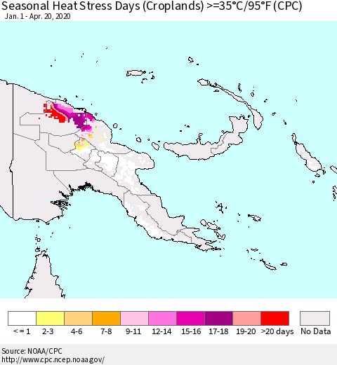 Papua New Guinea Seasonal Heat Stress Days (Croplands) >=35°C/95°F (CPC) Thematic Map For 1/1/2020 - 4/20/2020