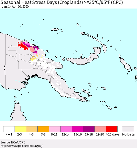 Papua New Guinea Seasonal Heat Stress Days (Croplands) >=35°C/95°F (CPC) Thematic Map For 1/1/2020 - 4/30/2020
