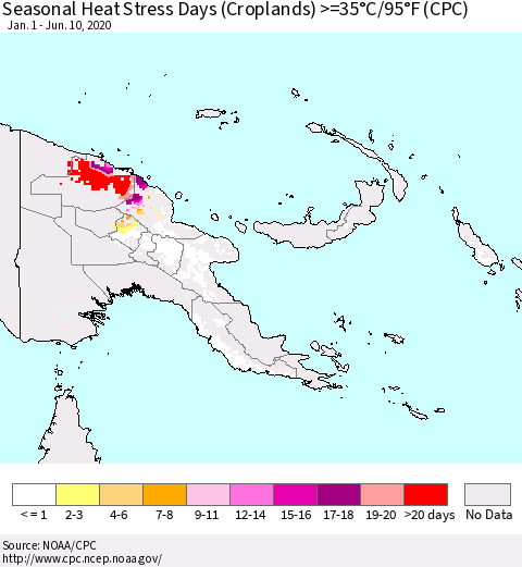 Papua New Guinea Seasonal Heat Stress Days (Croplands) >=35°C/95°F (CPC) Thematic Map For 1/1/2020 - 6/10/2020