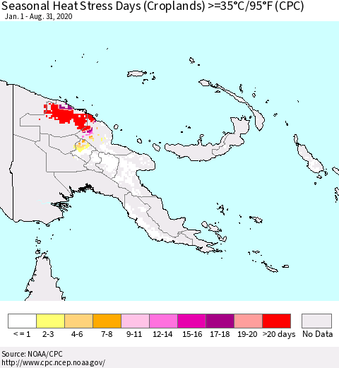 Papua New Guinea Seasonal Heat Stress Days (Croplands) >=35°C/95°F (CPC) Thematic Map For 1/1/2020 - 8/31/2020