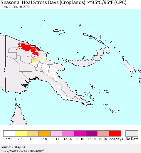 Papua New Guinea Seasonal Heat Stress Days (Croplands) >=35°C/95°F (CPC) Thematic Map For 1/1/2020 - 10/10/2020