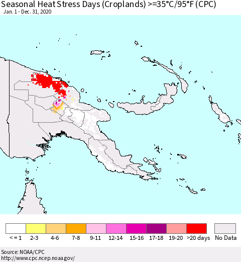 Papua New Guinea Seasonal Heat Stress Days (Croplands) >=35°C/95°F (CPC) Thematic Map For 1/1/2020 - 12/31/2020