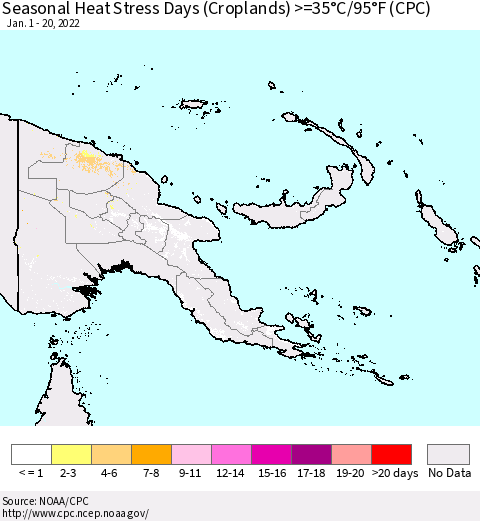 Papua New Guinea Seasonal Heat Stress Days (Croplands) >=35°C/95°F (CPC) Thematic Map For 1/1/2022 - 1/20/2022