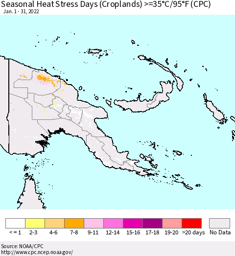 Papua New Guinea Seasonal Heat Stress Days (Croplands) >=35°C/95°F (CPC) Thematic Map For 1/1/2022 - 1/31/2022