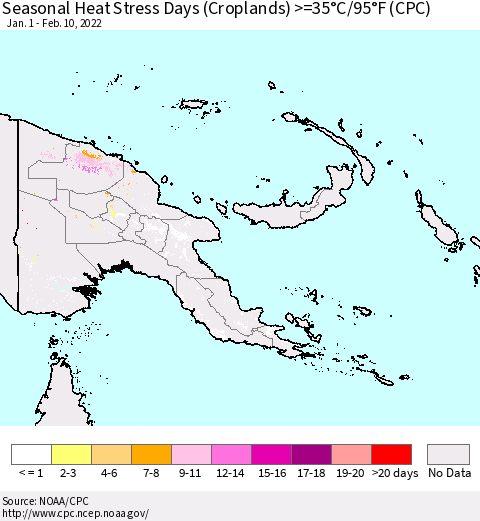 Papua New Guinea Seasonal Heat Stress Days (Croplands) >=35°C/95°F (CPC) Thematic Map For 1/1/2022 - 2/10/2022