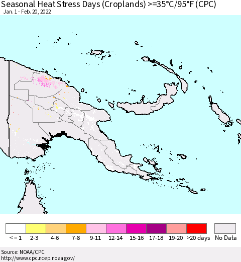 Papua New Guinea Seasonal Heat Stress Days (Croplands) >=35°C/95°F (CPC) Thematic Map For 1/1/2022 - 2/20/2022