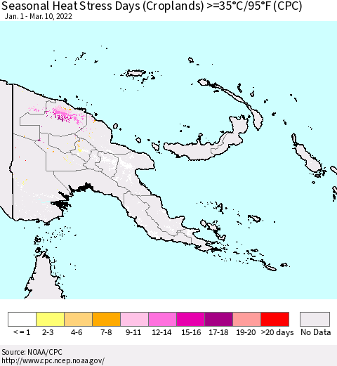 Papua New Guinea Seasonal Heat Stress Days (Croplands) >=35°C/95°F (CPC) Thematic Map For 1/1/2022 - 3/10/2022