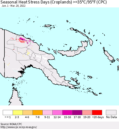 Papua New Guinea Seasonal Heat Stress Days (Croplands) >=35°C/95°F (CPC) Thematic Map For 1/1/2022 - 3/20/2022