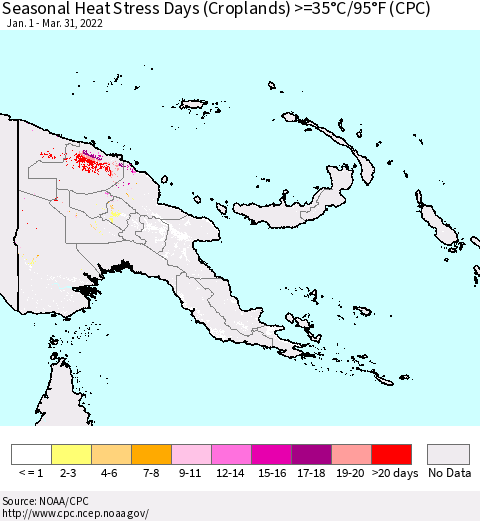 Papua New Guinea Seasonal Heat Stress Days (Croplands) >=35°C/95°F (CPC) Thematic Map For 1/1/2022 - 3/31/2022