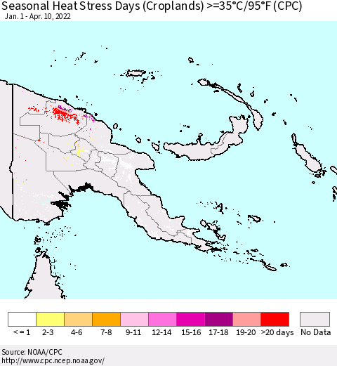 Papua New Guinea Seasonal Heat Stress Days (Croplands) >=35°C/95°F (CPC) Thematic Map For 1/1/2022 - 4/10/2022