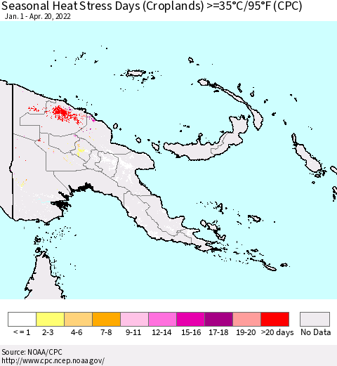 Papua New Guinea Seasonal Heat Stress Days (Croplands) >=35°C/95°F (CPC) Thematic Map For 1/1/2022 - 4/20/2022