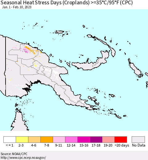 Papua New Guinea Seasonal Heat Stress Days (Croplands) >=35°C/95°F (CPC) Thematic Map For 1/1/2023 - 2/10/2023