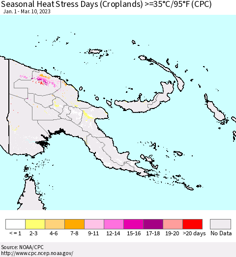 Papua New Guinea Seasonal Heat Stress Days (Croplands) >=35°C/95°F (CPC) Thematic Map For 1/1/2023 - 3/10/2023