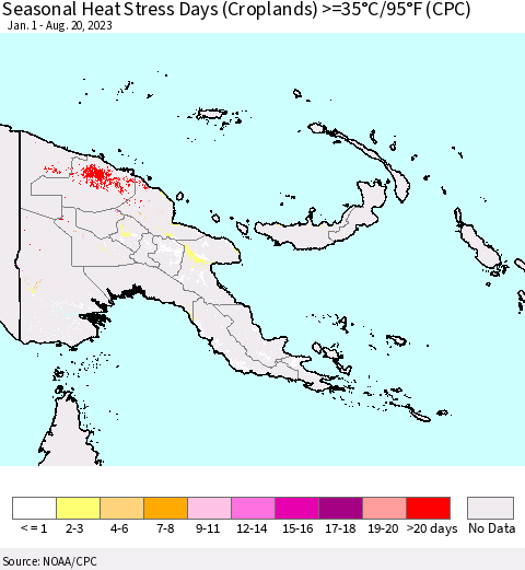 Papua New Guinea Seasonal Heat Stress Days (Croplands) >=35°C/95°F (CPC) Thematic Map For 1/1/2023 - 8/20/2023