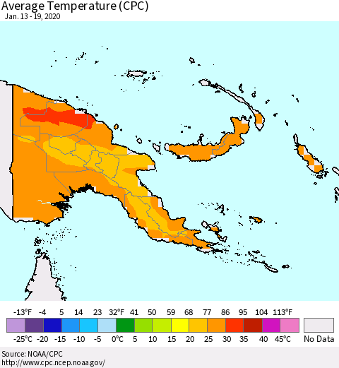 Papua New Guinea Average Temperature (CPC) Thematic Map For 1/13/2020 - 1/19/2020