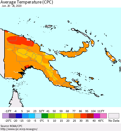 Papua New Guinea Average Temperature (CPC) Thematic Map For 1/20/2020 - 1/26/2020