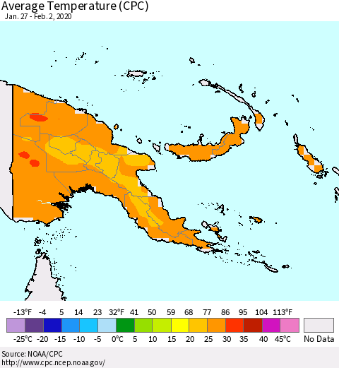 Papua New Guinea Average Temperature (CPC) Thematic Map For 1/27/2020 - 2/2/2020