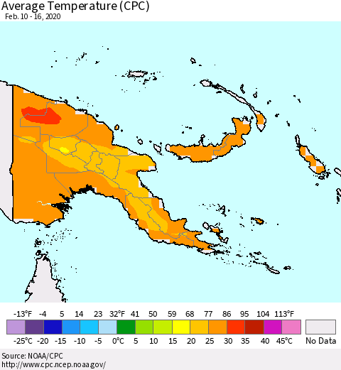 Papua New Guinea Average Temperature (CPC) Thematic Map For 2/10/2020 - 2/16/2020
