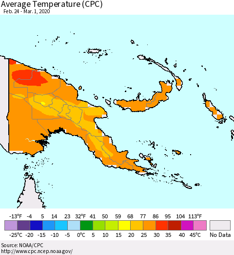 Papua New Guinea Average Temperature (CPC) Thematic Map For 2/24/2020 - 3/1/2020