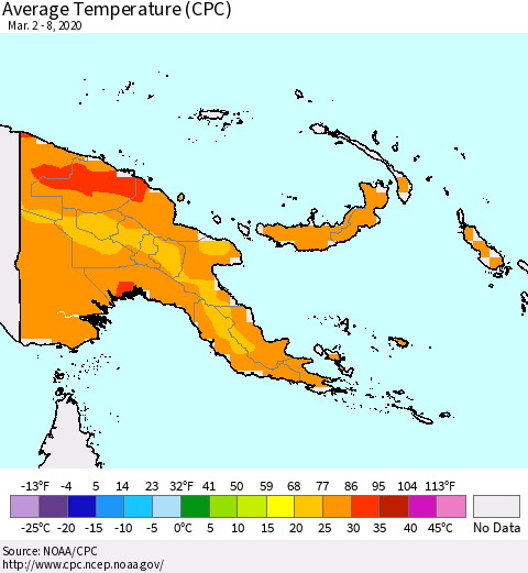 Papua New Guinea Average Temperature (CPC) Thematic Map For 3/2/2020 - 3/8/2020