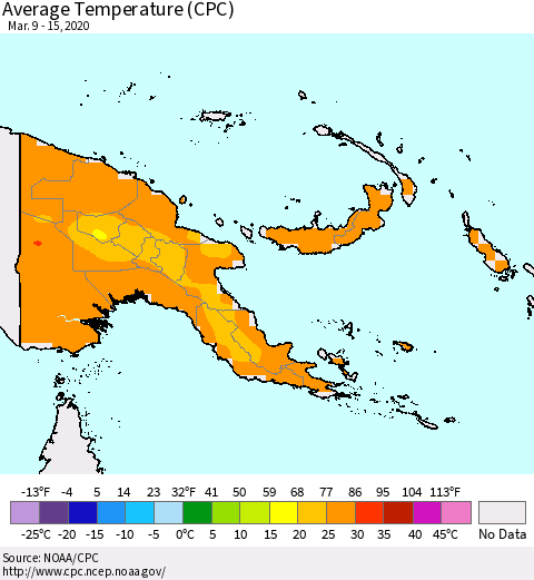 Papua New Guinea Average Temperature (CPC) Thematic Map For 3/9/2020 - 3/15/2020