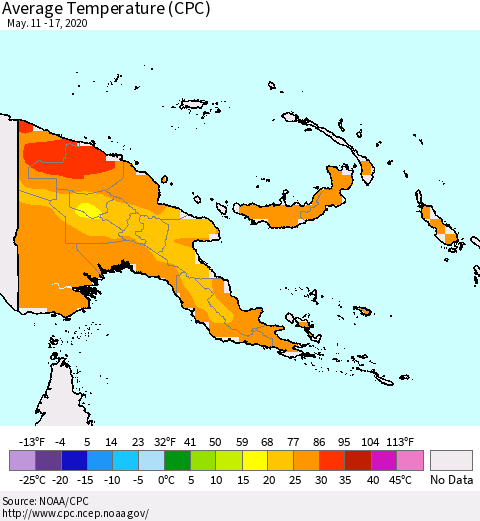 Papua New Guinea Average Temperature (CPC) Thematic Map For 5/11/2020 - 5/17/2020