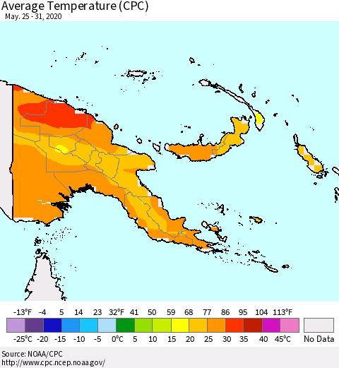 Papua New Guinea Average Temperature (CPC) Thematic Map For 5/25/2020 - 5/31/2020