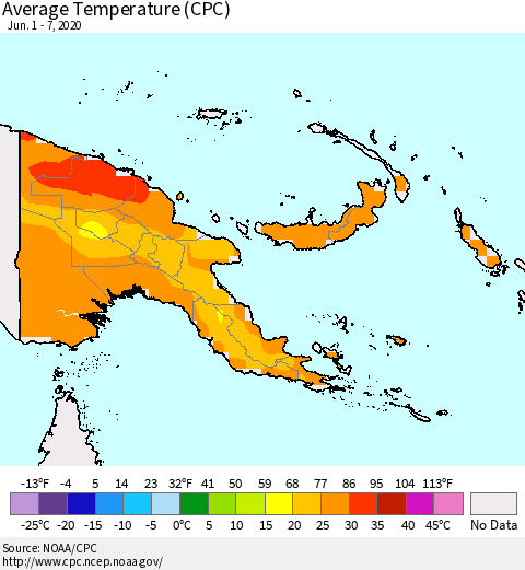 Papua New Guinea Average Temperature (CPC) Thematic Map For 6/1/2020 - 6/7/2020