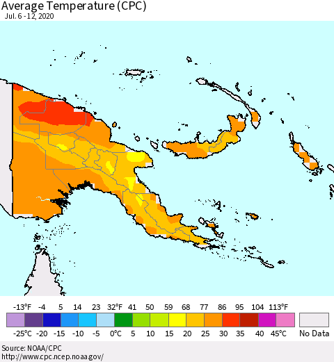 Papua New Guinea Average Temperature (CPC) Thematic Map For 7/6/2020 - 7/12/2020