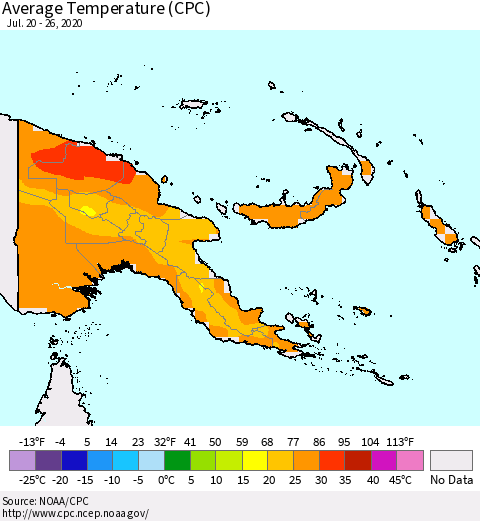Papua New Guinea Average Temperature (CPC) Thematic Map For 7/20/2020 - 7/26/2020