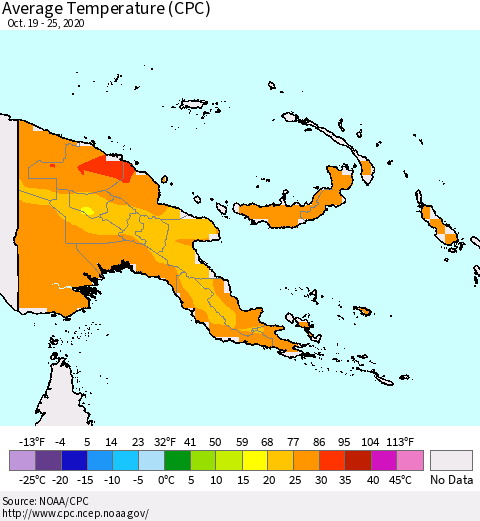Papua New Guinea Average Temperature (CPC) Thematic Map For 10/19/2020 - 10/25/2020