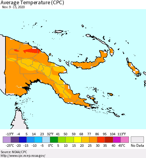Papua New Guinea Average Temperature (CPC) Thematic Map For 11/9/2020 - 11/15/2020