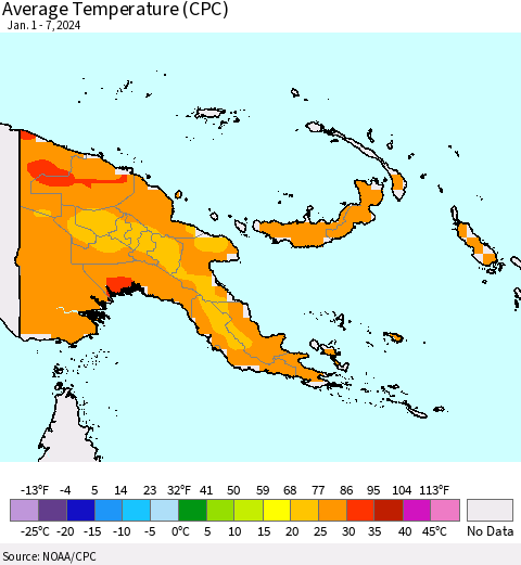 Papua New Guinea Average Temperature (CPC) Thematic Map For 1/1/2024 - 1/7/2024