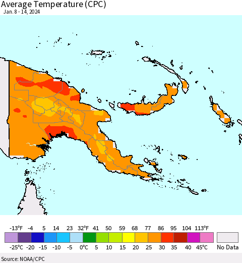Papua New Guinea Average Temperature (CPC) Thematic Map For 1/8/2024 - 1/14/2024