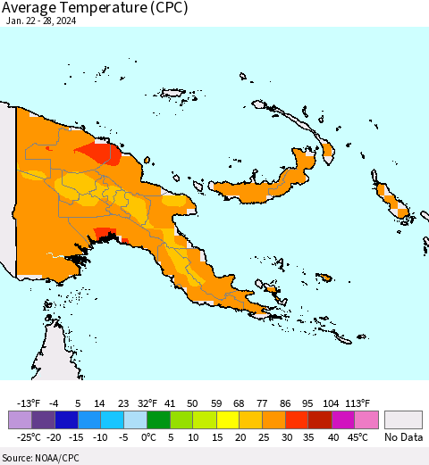 Papua New Guinea Average Temperature (CPC) Thematic Map For 1/22/2024 - 1/28/2024