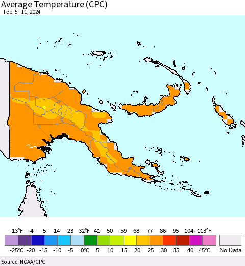 Papua New Guinea Average Temperature (CPC) Thematic Map For 2/5/2024 - 2/11/2024
