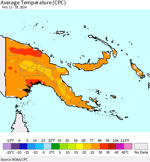 Papua New Guinea Average Temperature (CPC) Thematic Map For 2/12/2024 - 2/18/2024