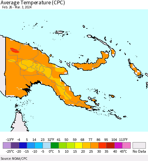 Papua New Guinea Average Temperature (CPC) Thematic Map For 2/26/2024 - 3/3/2024