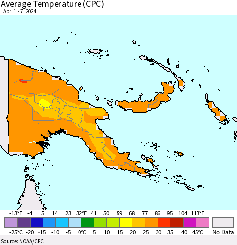Papua New Guinea Average Temperature (CPC) Thematic Map For 4/1/2024 - 4/7/2024