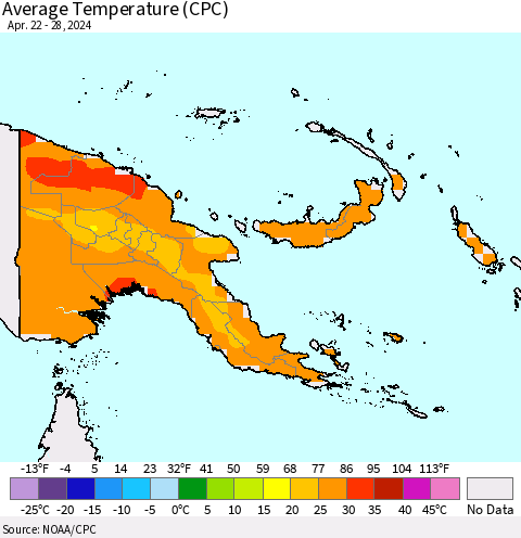 Papua New Guinea Average Temperature (CPC) Thematic Map For 4/22/2024 - 4/28/2024