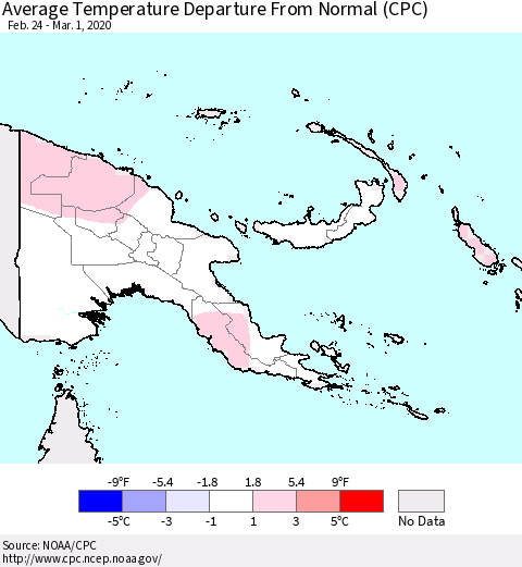 Papua New Guinea Average Temperature Departure from Normal (CPC) Thematic Map For 2/24/2020 - 3/1/2020