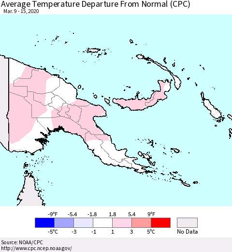 Papua New Guinea Average Temperature Departure from Normal (CPC) Thematic Map For 3/9/2020 - 3/15/2020