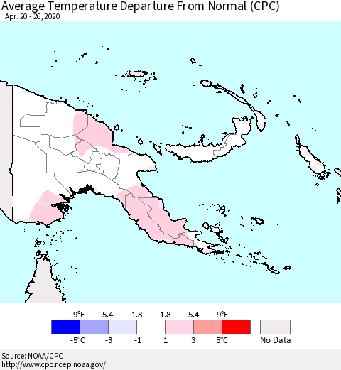 Papua New Guinea Average Temperature Departure from Normal (CPC) Thematic Map For 4/20/2020 - 4/26/2020